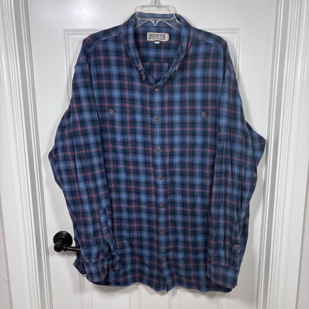 Duluth Trading Co Long Sleeve Button Up Flannel Shirt Men’s 2XL Tall Blue Plaid